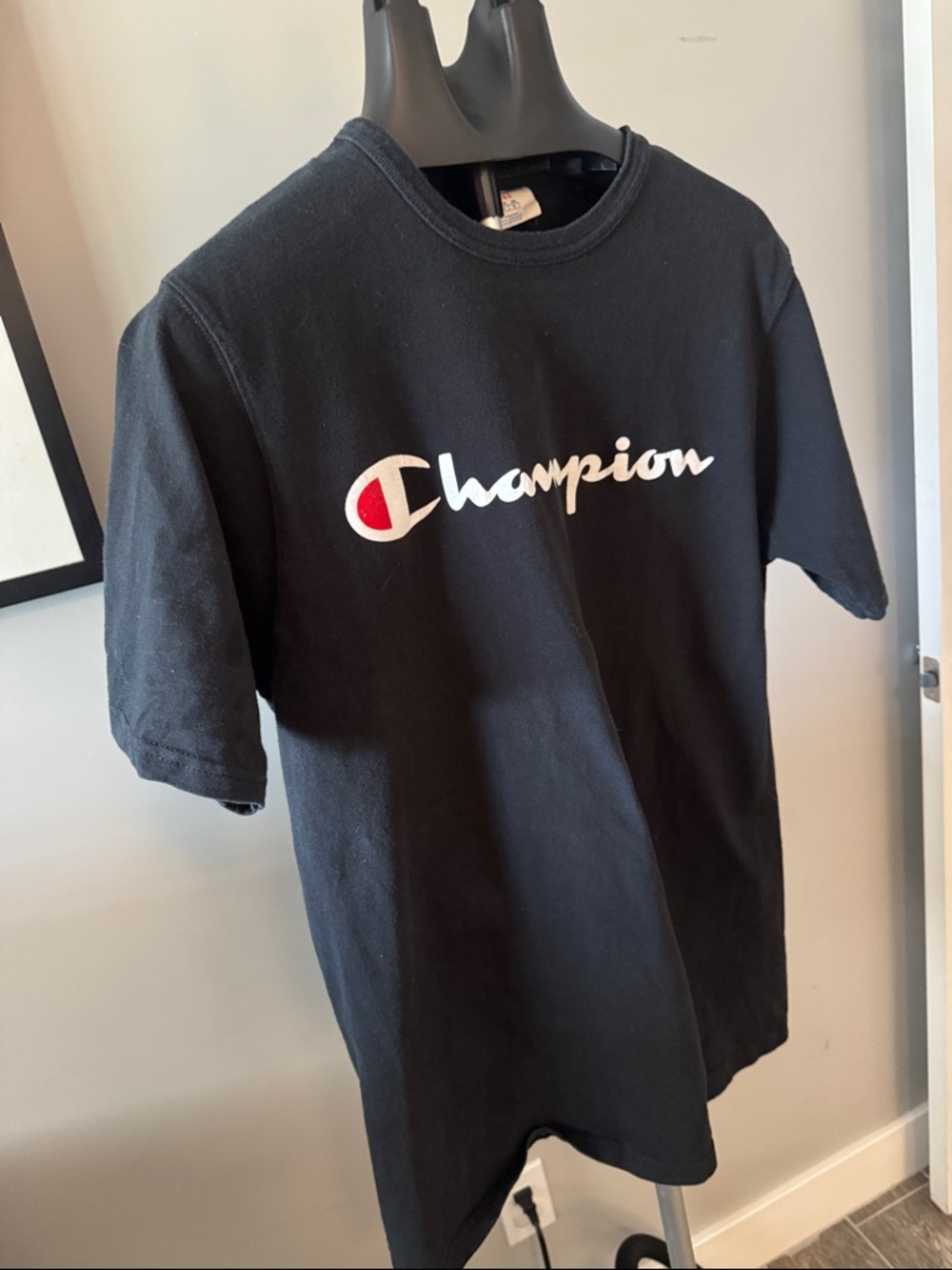 Champion Black Tee with White Script and Red Crest